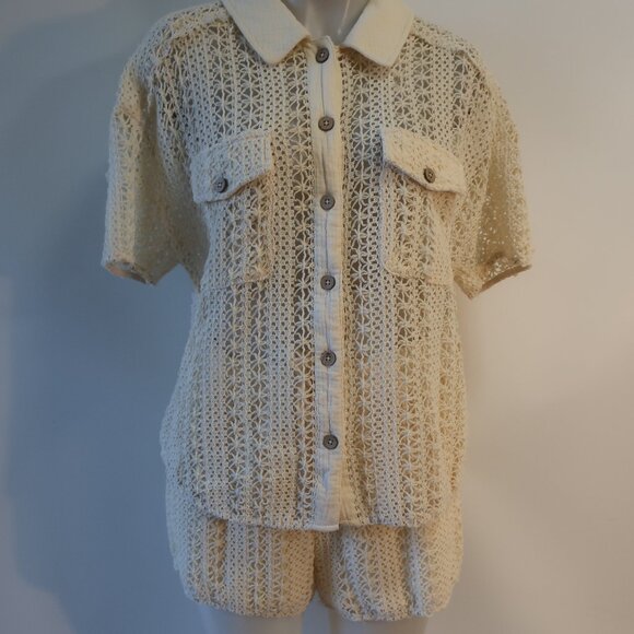 Women Benaar LA Jeiley Cream 2Pc Set Crochet Gauzy Contrast Collared Top Short M - Picture 5 of 13